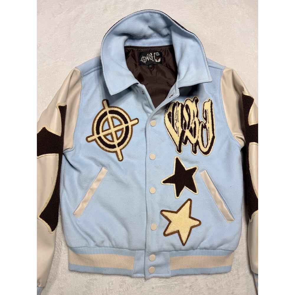 VRT Blue Varsity Jacket XS Skeleton Patch Stars Streetwear Eco-Futurism Kinetic